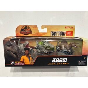NEW !! Jurassic World Zoom Riders Pull them back and watch the dinosaurs go !